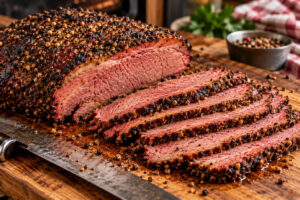 Saftiges Pastrami aus dem Smoker mit dunkler Gewürzkruste, dünn aufgeschnitten auf einem rustikalen Holzbrett