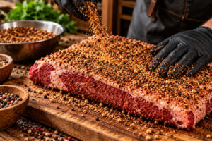 Rinderbrust wird mit Pastrami BBQ Rub bestreut und mit schwarzen Handschuhen eingerieben
