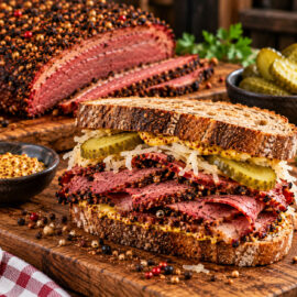 Pastrami-Sandwich mit dünn geschnittener Rinderbrust, Roggenbrot, Senf, Sauerkraut und Gewürzgurken