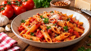 Fertig angerichtete Penne all’Arrabbiata mit würziger Tomatensoße, frischer Petersilie und geriebenem Käse auf einem rustikalen Teller