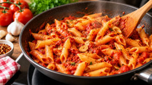 Penne Rigate werden in einer Pfanne mit würziger Arrabbiata-Tomatensoße, Knoblauch und Kräutern vermengt