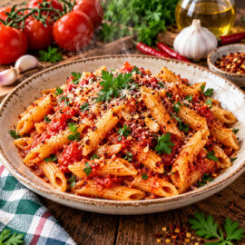 Penne all’Arrabbiata mit scharfer Tomatensoße, Chiliflocken, Petersilie und geriebenem Käse auf einem rustikalen Teller