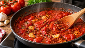 Würzige Arrabbiata-Tomatensoße mit Knoblauch und Arrabiata grob köchelt in einer Pfanne
