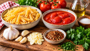 Zutaten für Penne all’Arrabbiata mit Penne, Tomaten, Knoblauch, Olivenöl, Petersilie und Arrabiata grob der Gewürze Kiste