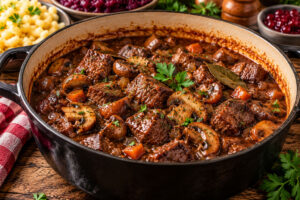 Rehgulasch mit Rotweinsoße und gebratenen Champignons im Bräter