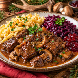 Rehgulasch mit Pilzen, Spätzle, Rotkohl und Preiselbeeren