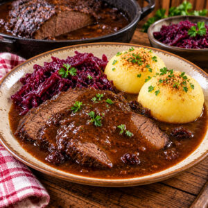 Rheinischer Sauerbraten mit Kartoffelklößen und Rotkohl