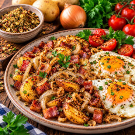 Rustikales Bauernfrühstück mit knusprigen Bratkartoffeln, Speck, Zwiebeln und zwei Spiegeleiern auf einem Teller