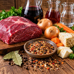 Zutaten und Beize für Rheinischen Sauerbraten mit Rindfleisch