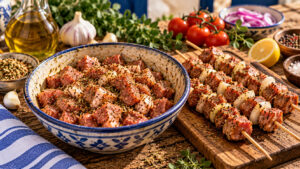 Marinierte Souvlaki-Fleischwürfel mit Gewürzen und Olivenöl auf Holzspießen