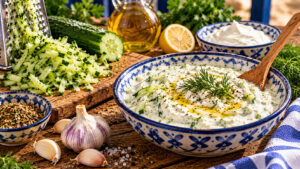 Cremiges Tzatziki aus griechischem Joghurt, geraspelter Gurke und Kräutern in einer Schüssel